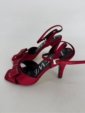 Loewe Red Satin Jewel Bow Embellished Slingback Heels Women's Size 36